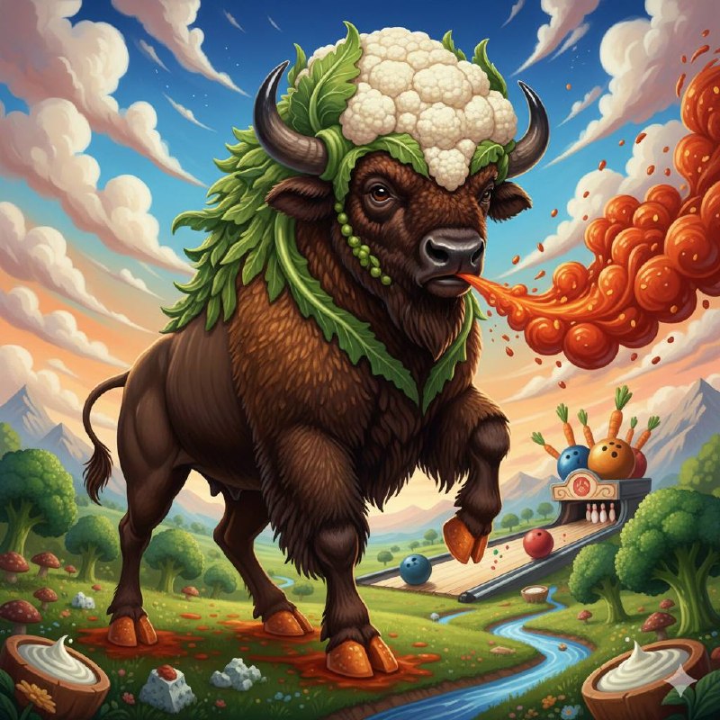 Original AI image of a buffalo-cauliflower hybrid at a bowling alley that sparked AI Footprint