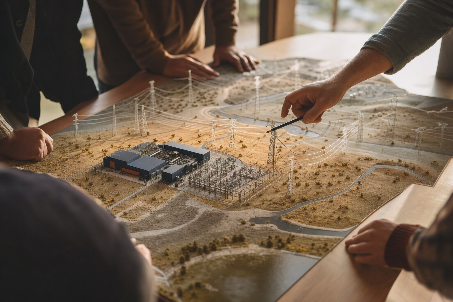 Community planners study a tabletop model of a regional power grid and data-center campus