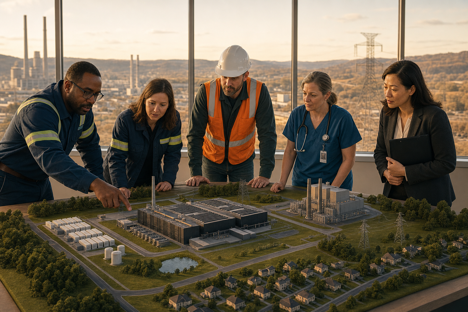 Workers, utility planners, a clinician, and a regulator examine a scale model of an AI data-center and energy campus