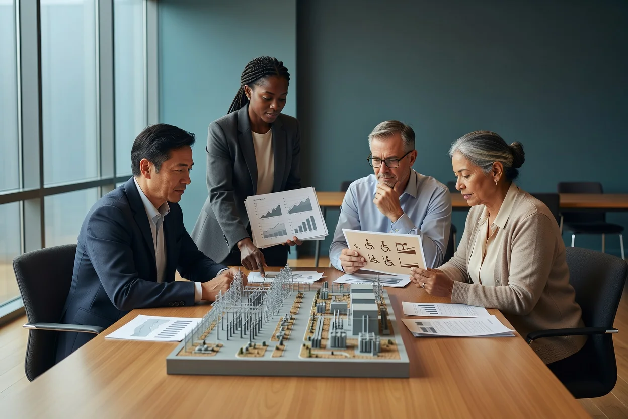 A worker, utility planner, clinician, and educator review charts and models showing automation risk, grid capacity, clinical workflow, and inclusive school design
