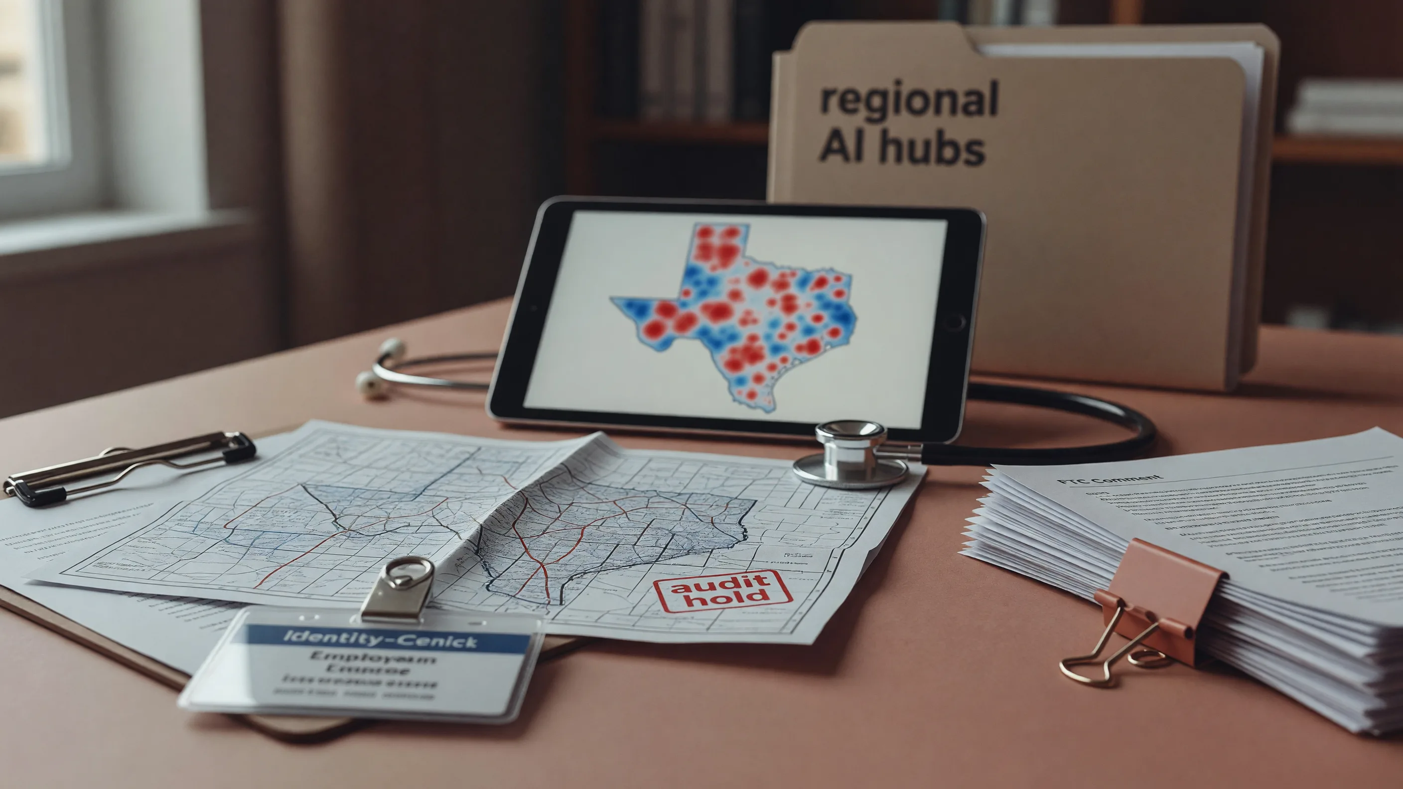 Editorial still life with hiring badge checks, a Texas grid map, FTC comment papers, a clinical AI tablet, and regional university research notes