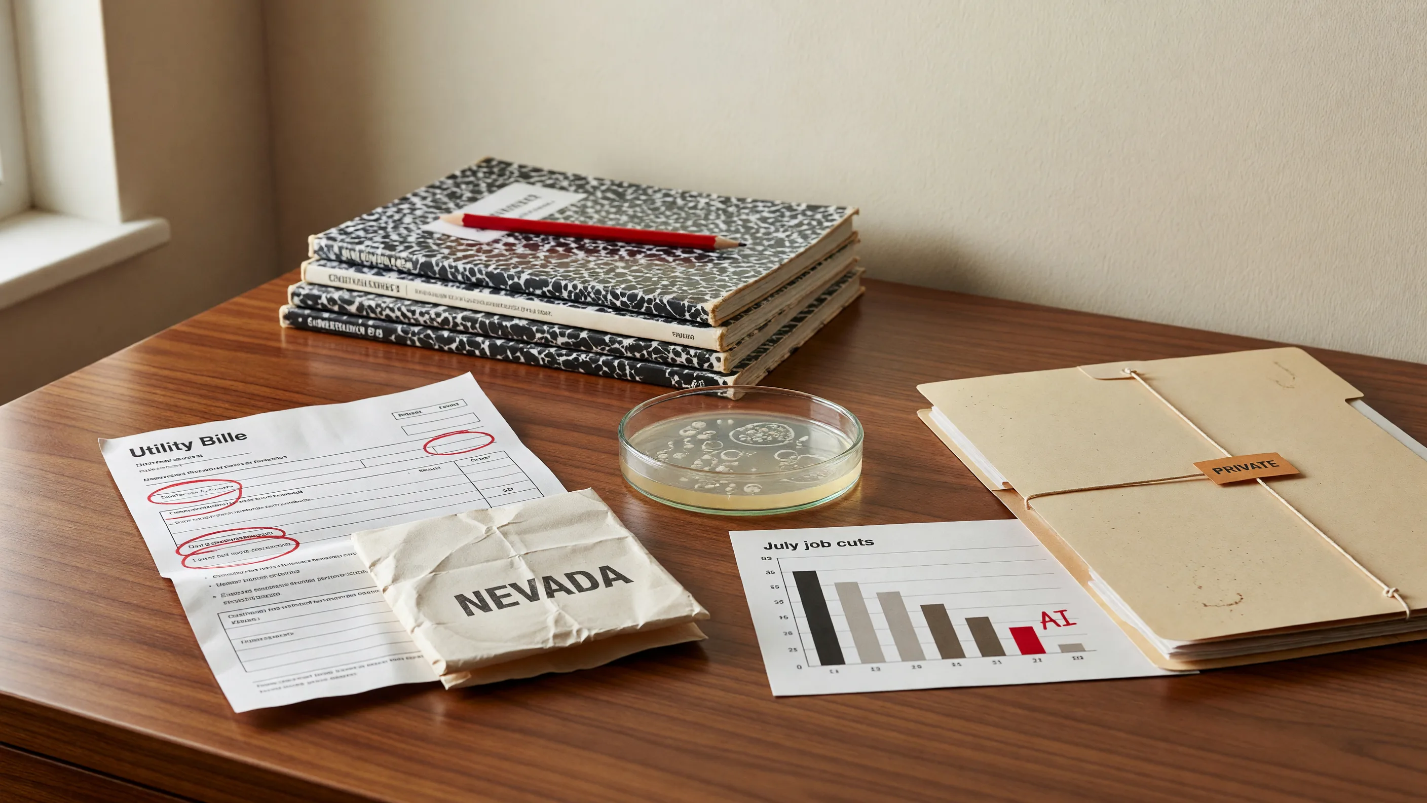 Editorial still life with a Nevada utility bill, July job-cut chart, sealed AI policy folder, phage petri dish, and classroom books