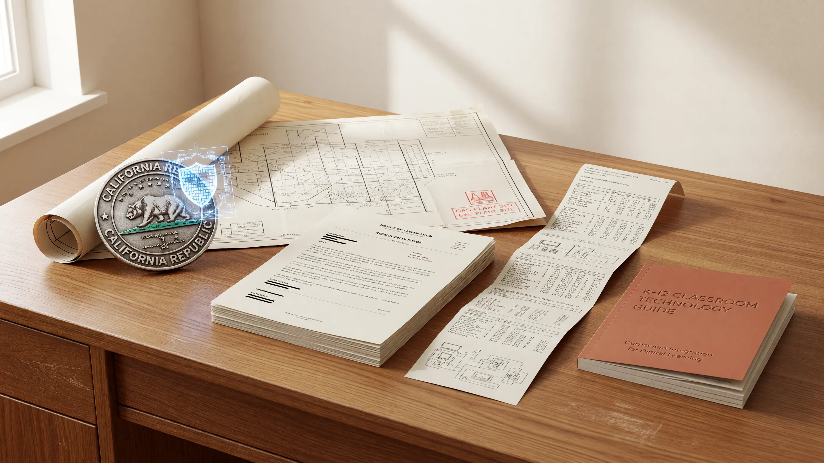 Editorial still life with a cyber shield badge, Texas land blueprint, layoff notices, research printout, and classroom technology guide