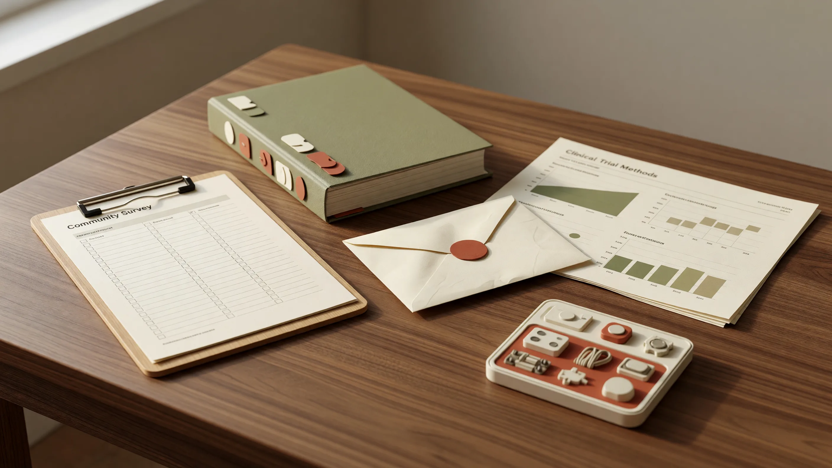 Editorial still life with a community survey clipboard, state capitol AI policy binder, classroom grant letter, clinical-trial dashboard, and teacher robotics kit