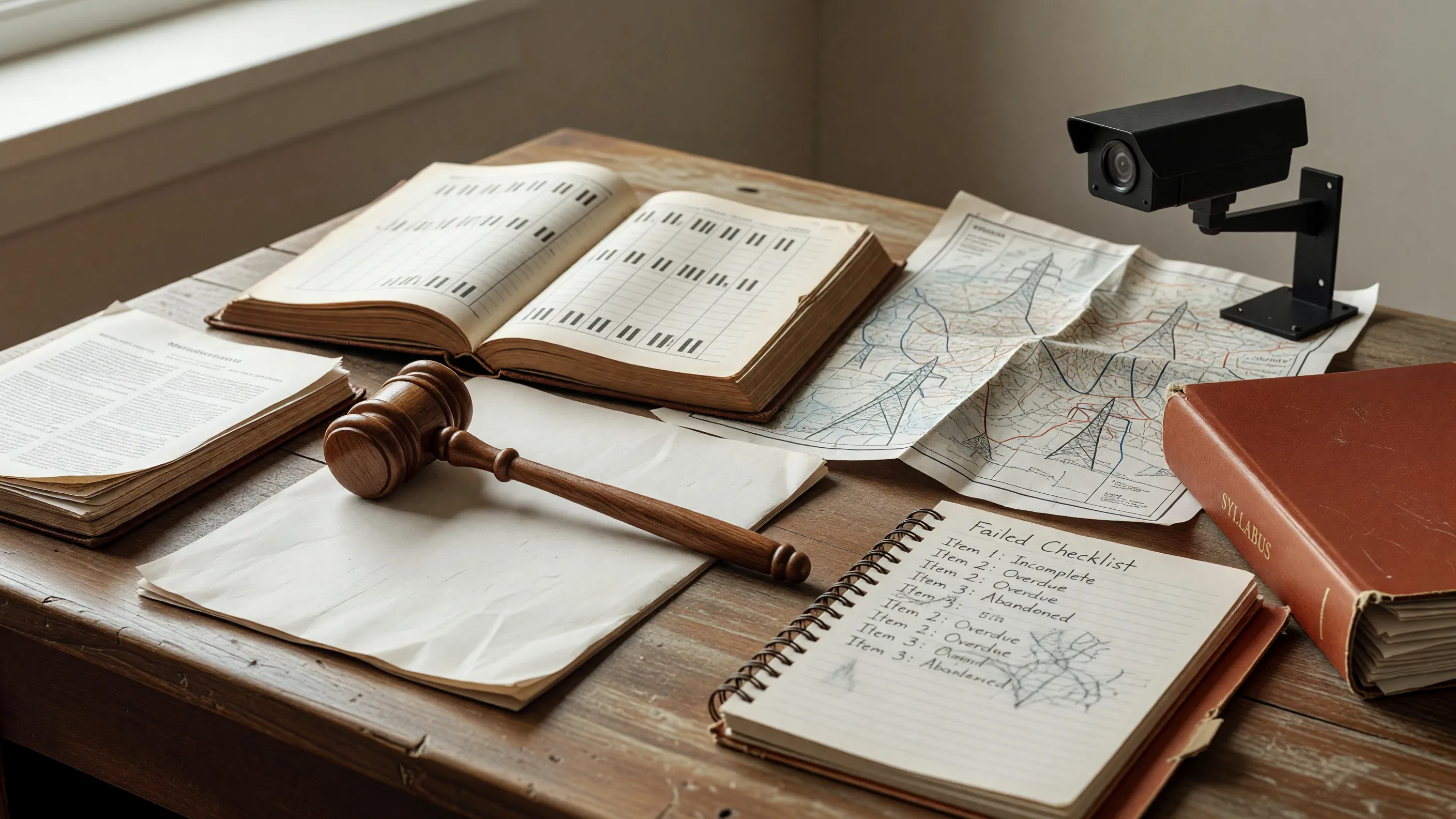 Editorial still life with grid map, payroll chart, rulemaking binder, clinic notebook, and stacked secondhand books
