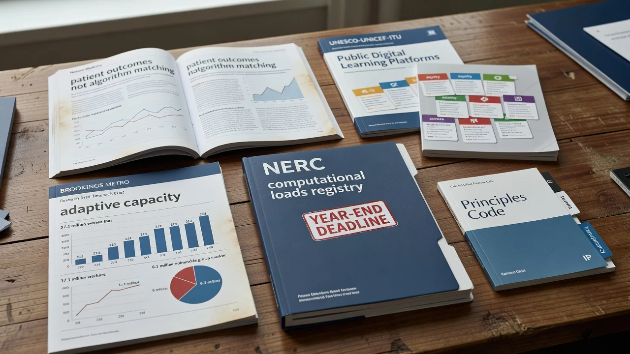 Editorial still life for the September 8, 2026 AI Footprint edition with a Brookings Metro adaptive-capacity brief, a NERC computational-load registry folder, a Japan Cabinet Office generative-AI Principles Code booklet, a Nature Medicine patient-outcomes comment, and a UNESCO–UNICEF–ITU public digital learning platforms charter card
