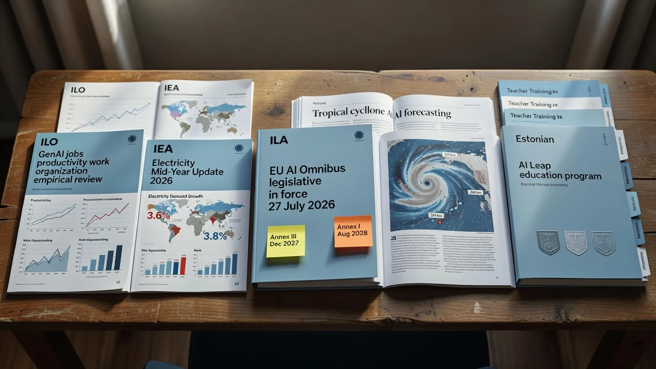 Editorial still life with an ILO empirical review on GenAI jobs and productivity, an IEA Electricity Mid-Year Update on global demand growth, an EU AI Omnibus binder with extended high-risk timelines, a Nature paper on AI tropical-cyclone forecasting, and an Estonian AI Leap education expansion packet