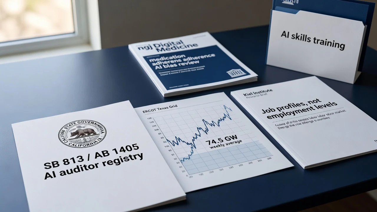 Editorial still life with a Kiel Institute job-profiles brief, an ERCOT Texas data-center interconnection audit packet, California SB 813 and AB 1405 AI auditor registry papers, an npj Digital Medicine medication-adherence review, and a UNESCO Ghana TVET AI skills program sheet