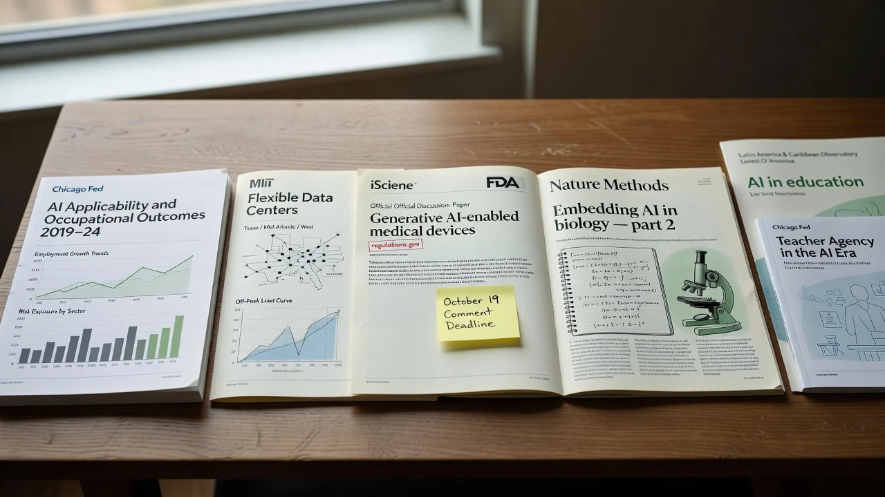 Editorial still life with a Chicago Fed working-paper packet on AI applicability and occupational outcomes 2019–24, an MIT / iScience folder on flexible data-center energy use and regional grid cost and emissions tradeoffs, an FDA discussion-paper packet on generative AI-enabled medical devices with an October 19 comment deadline, a Nature Methods issue on embedding AI in biology community standards, and a UNESCO Latin America and Caribbean Observatory folder on AI in education